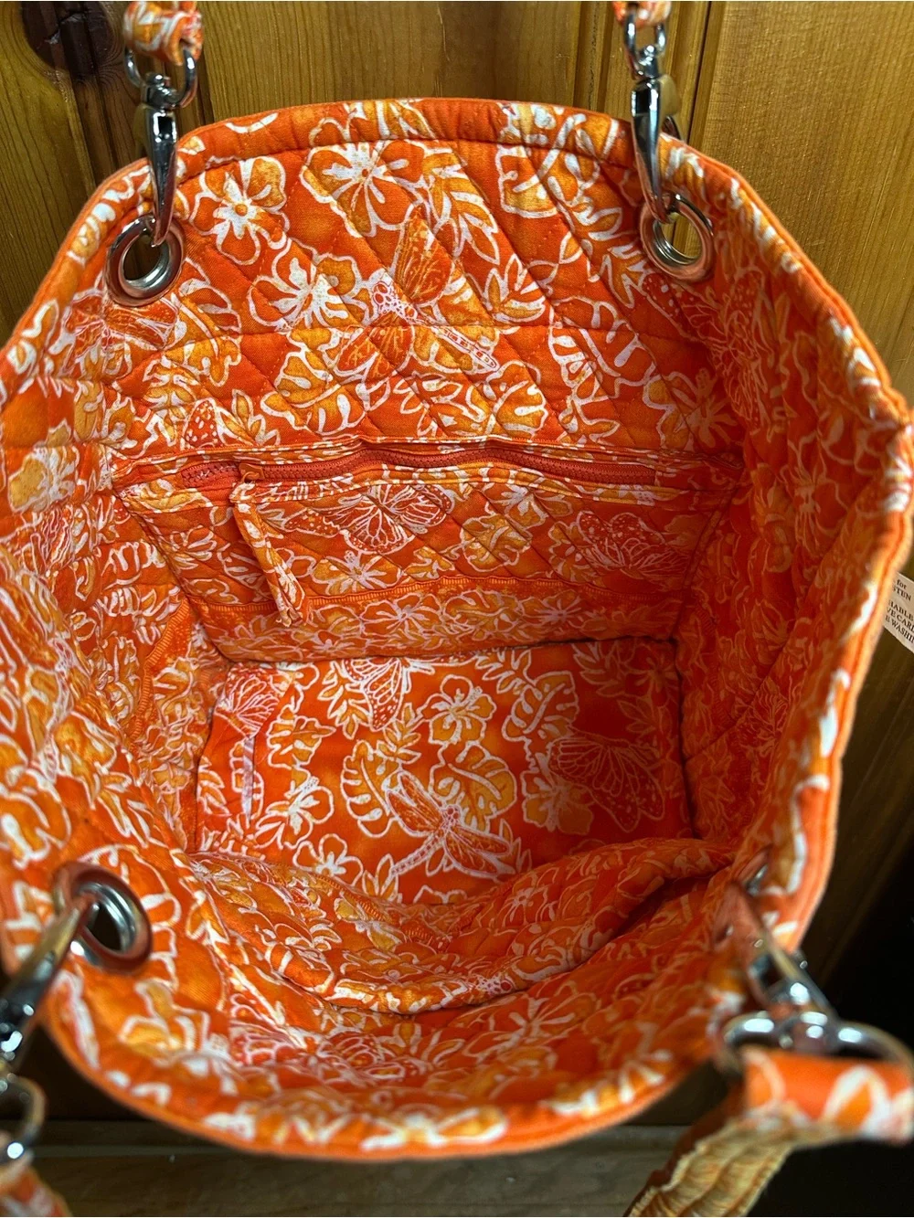 Quilted Orange Floral-Trim Tote Bag - Women's Shoulder Tote - Picture 6 of 14